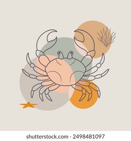 Crab drawn by graphic lines on blobs background. Seafood shop logo, signboard, restaurant menu, fish market, banner, poster design template. Fresh seafood or shellfish product. Flat design