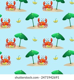 cangrejo bebiendo cóctel bajo el patrón de paraguas de playa Ilustración vectorial plana 