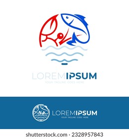 Crab and fish logo with restaurant icons, seafood icon template, wave logos