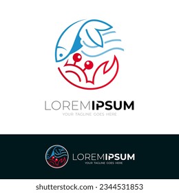 Crab and fish logo with restaurant icons, seafood icon template, wave logos