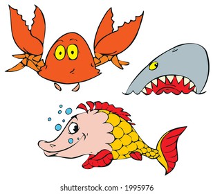 Crab, fish and shark