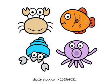 Crab, fish, squid, shellfish