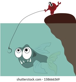 a crab fishing an angry fish in the ocean
