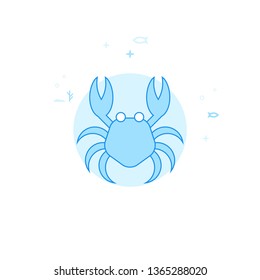 Crab Flat Vector Icon. Marine Life, Underwater World, Sea Creature Illustration. Light Flat Style. Blue Monochrome Design. Editable Stroke. Adjust Line Weight.