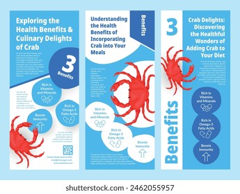 Crab food benefits healthy culinary delicious flyer poster design template set vector flat illustration. Seafood protein meal vitamin ingredient healthcare medical education infographic information