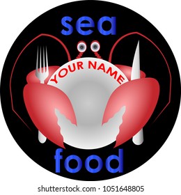 crab with a fork and knife hid behind the plate sea food logotype