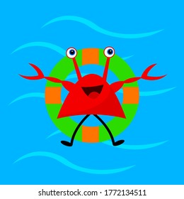 crab funny cartoon character swims in the sea on a rubber circle concept of the holiday season