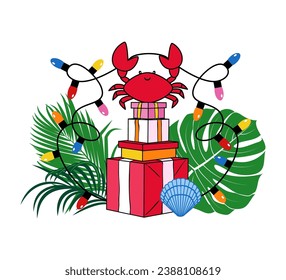 
Crab with a garland of light bulbs,shell, monstera, palm leaves and gifts. Tropical beach Christmas. Festive vector illustration.