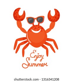 Crab in glasses, enjoy summer, oceanic underwater animal vector. Beach creature with claws and shell, accessory isolated wild species, seasonal recreation