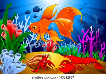 crab and goldfish in a beautiful coral reef, vector