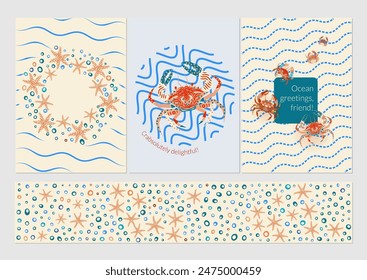 Crab greeting card set in flat style on blue background. Vector holiday illustration. Vibrant blue, turquoise, beige, orange colors. Poster, banner, flyer, greeting card template.