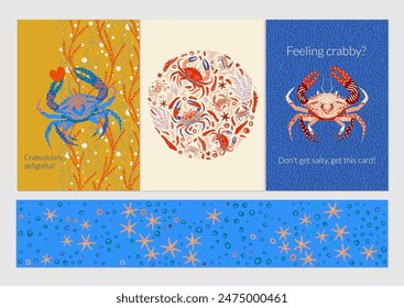 Krabben-Grußkarte im flachen Stil auf blauem Hintergrund. Vektorgrafik Urlaub Illustration. Lebendige Blau-, Türkis-, Beige- und Orangetönen. Poster, Banner, Flyer, Grußkarte Vorlage.