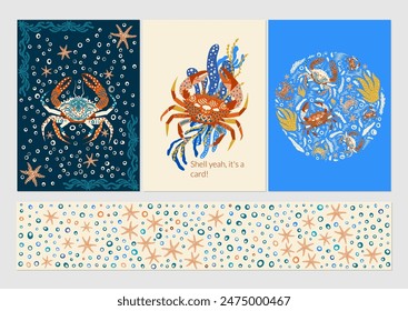 Tarjeta de felicitación de cangrejo en estilo plano sobre fondo azul. Ilustración de vacaciones de Vector. Colores azul intenso, turquesa, beige y naranja. Póster, Anuncio, volante, Plantilla de tarjeta de felicitación.