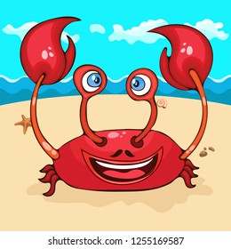 Crab hand drawing, cartoon character, vector illustration, caricature, card, cover, design element. Colorful painted cute funny happy cancer smiles on the beach with the sea, waves and blue sky