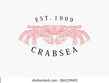 crab hand drawn logo design by graphic lines on a light background. Retro emblem for the menu of fish restaurants, markets and shops. Vector vintage engraving illustration. 