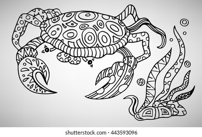 Crab. Hand-drawn with ethnic pattern. Coloring page - isolated on a white background. Zendoodle patterns. Vector illustration.