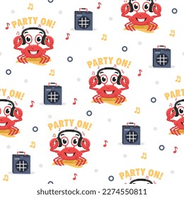 Crab with Headphones Cartoon Vectors Pattern Backgrounds.