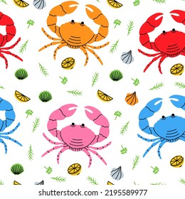 Crab with herbs seamless pattern. Colored crab with big claws background. Seafood with lemon slices and rosemary. Fresh seafood hand drawn pattern