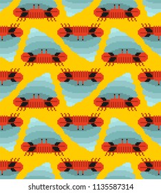 Crab hermit pixel art pattern seamless. 8 bit Crab in shell. Marine animal Vector background