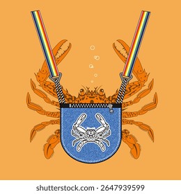 crab hiding in a small bag, Animal Cartoon, isolated Flat Vector Illustration