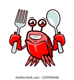 Crab holds fork and spoon. Seafood, cartoon vector illustration