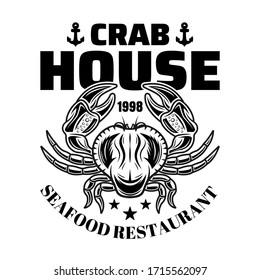 Crab house restaurant menu vector typography emblem, badge, label or logo in vintage monochrome style isolated on white background