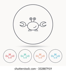 Crab icon. Cancer shellfish sign. Wildlife symbol. Linear circle icons.