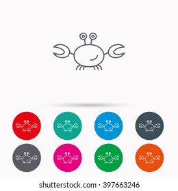 Crab icon. Cancer shellfish sign. Wildlife symbol. Linear icons in circles on white background.