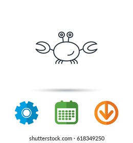 Crab icon. Cancer shellfish sign. Wildlife symbol. Calendar, cogwheel and download arrow signs. Colored flat web icons. Vector