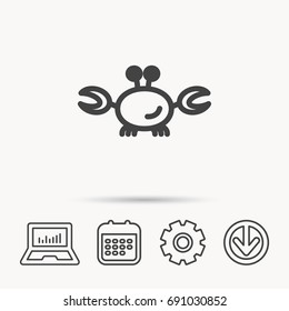 Crab icon. Cancer shellfish sign. Wildlife symbol. Notebook, Calendar and Cogwheel signs. Download arrow web icon. Vector