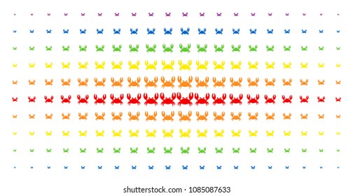 Crab icon rainbow colored halftone pattern. Vector crab pictograms are arranged into halftone array with vertical spectrum gradient. Constructed for backgrounds, covers,
