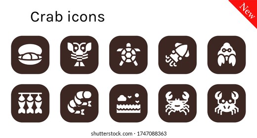 crab icon set. 10 filled crab icons.  Simple modern icons such as: Mussel, Lobster, Turtle, Squid, Hermit crab, Dried fish, Shrimp, Sea,