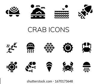 crab icon set. 14 filled crab icons.  Simple modern icons such as: Turtle, Sea, Squid, Shrimp, Jellyfish, Clam, Caviar, Crab, Sea urchin
