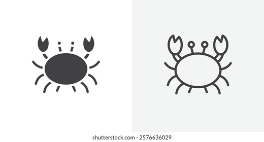 Crab icon set in black flat solid and outlined style.