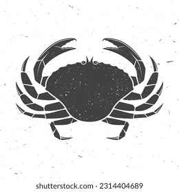 Crab icon silhouette. Vector illustration. Vintage monochrome crab on white background. Prawns. For seafood emblem, sign, patch, shirt, menu restaurants, fish markets, stores, label, sticker