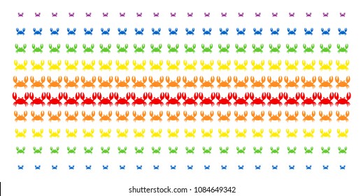 Crab icon spectral halftone pattern. Vector symbols organized into halftone array with vertical spectral gradient. Designed for backgrounds, covers, templates and abstract effects.