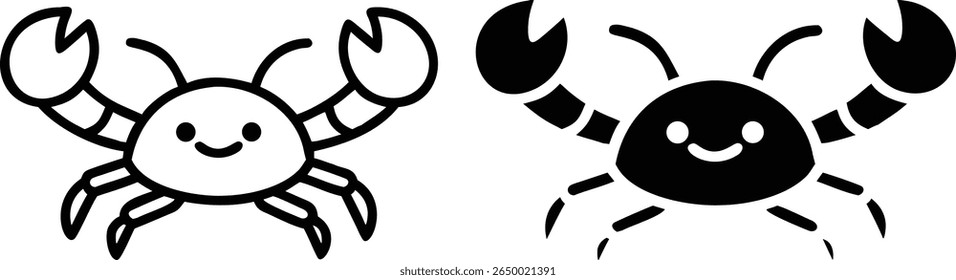 Crab Icons – Black and White Cute Sea Animal Marine Vector Symbol Set