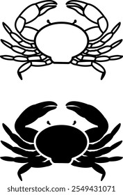 Crab Icons. Black and White Vector Illustrations. Short-Tailed Crayfish with Shell and Limbs. For Coloring Book Design. Aquatic Animals Concept