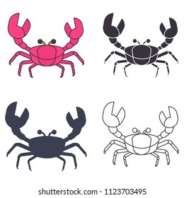 Crab icons. Inhabitants of the sea depths, sea food. Flat vector cartoon illustration. Objects isolated on a white background.