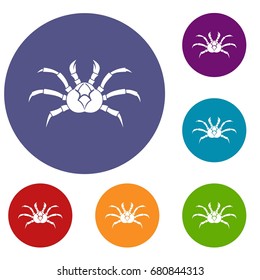 Crab icons set in flat circle red, blue and green color for web