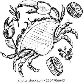 Crab illustration with sea elements and decorative details  