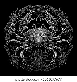 Crab illustrations depict a crustacean with a hard exoskeleton, sharp claws, and distinctive sideways scuttle. They're often used in designs related to seafood, marine life, or zodiac signs