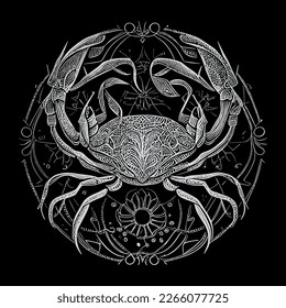 Crab illustrations depict a crustacean with a hard exoskeleton, sharp claws, and distinctive sideways scuttle. They're often used in designs related to seafood, marine life, or zodiac signs