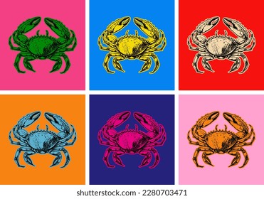 Crab Isolated Drawing. Sea Animal. Vector illustration. Seafood. Street Fast Food. Pop art. Artificial Art