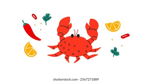 Crab isolated on white background. Vector eps 10. crab vector white background, perfect for wallpaper or design elements .Crab sea food with spices ,chili,lemon