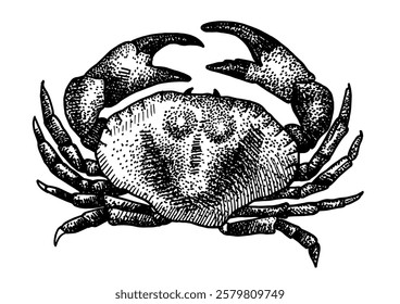 Crab isolated on white background for menu design.  Vintage engraved sketch. Seafood dot drawing collection