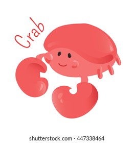 Crab isolated on white background. Decapod crustaceans of the infraorder Brachyura. Part of series of cartoon sea creature species. Marine animals. Sticker for kids. Child fun pattern icon. Vector