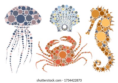 Crab, Jellyfish, Seahorse, Shell Isolated On A White Background. Vector Cartoon Abstract Illustrations, Circles Shape Set.