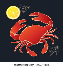 Crab with lemon and dill on the black background. Vector illustration