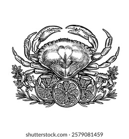 Crab with lemon and herbs. A hand-drawn vector graphic illustration. Black and white image of seafood. Separate from the background. For menus, recipe books, packages, labels.